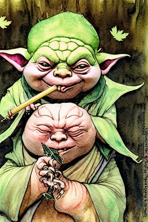 Image similar to a realistic and atmospheric watercolour fantasy character concept art portrait of a fat yoda with pink eyes smiling and holding a blunt with a pot leaf nearby, by rebecca guay, michael kaluta, charles vess and jean moebius giraud