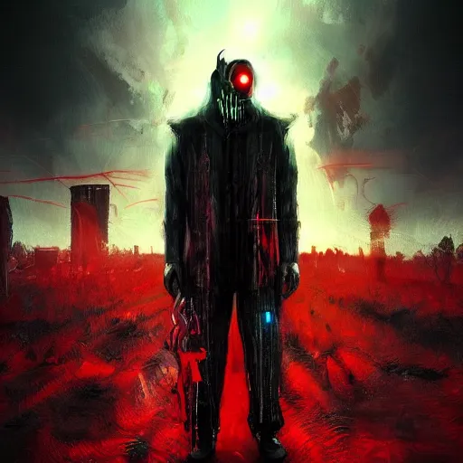 Prompt: a demonic looking man standing in the middle of a field, red color pallete, cyberpunk art by aleksi briclot, trending on artstation, antipodeans, concept art, artstation hd, dystopian art