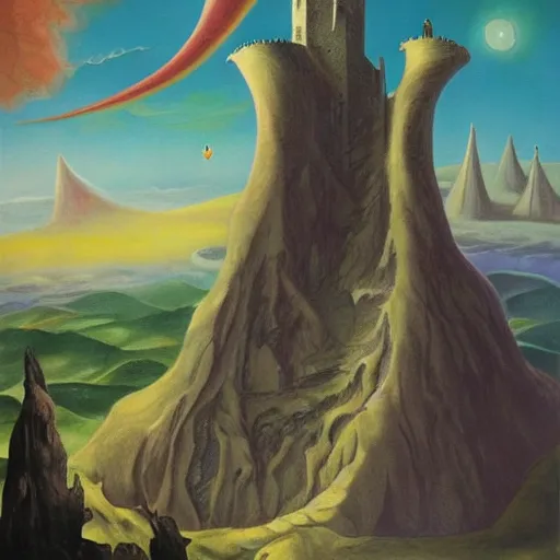 Image similar to the weirdest Wizard and his quest to topple the wicked tower, surrealist landscape painting