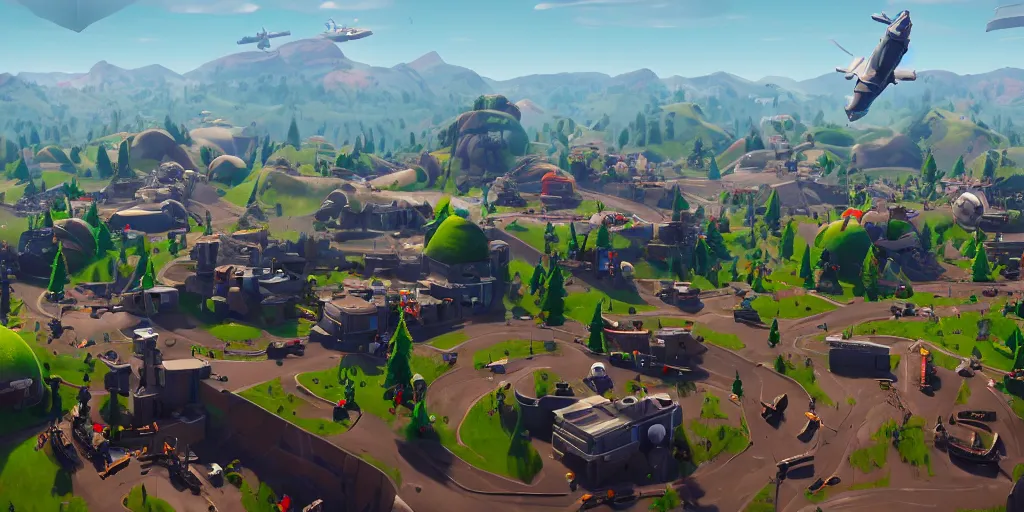 Prompt: cinematic, concept art, Orwellian Disney Land with high walls behind a crowd of climate refuges while F-35 raptors fly the Google logo in a dark sky in the art style of Fortnite, depth of field, 8k, 35mm film grain, unreal engine 5 render
