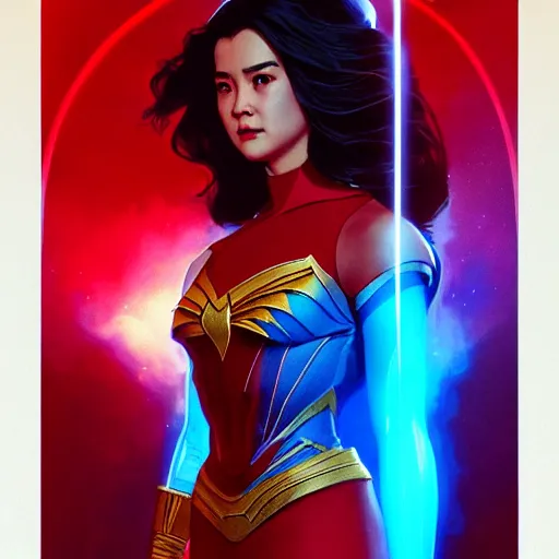 Image similar to bea alonzo as darna, volumetric lights, red and cyan theme, art nouveau botanicals, intricate, highly detailed, digital painting, artstation, concept art, smooth, sharp focus, cinematic, illustration, beautiful face, art by artgerm and greg rutkowski and alphonse mucha