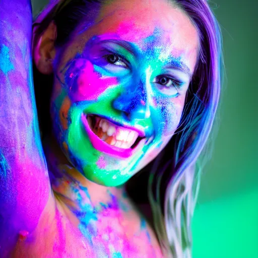 Image similar to a photo of a female smiling, painted her body with ultraviolet paint, 5 0 mm lens, f 1. 4, sharp focus, ethereal, emotionally evoking, head in focus, volumetric lighting, 8 k