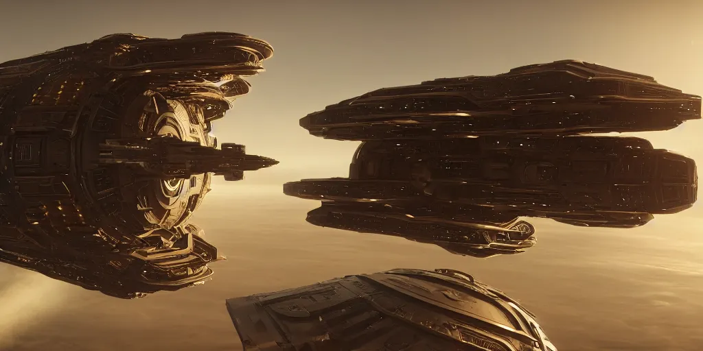 Prompt: spaceship from the movie dune, 2 0 2 1 cinematic 4 k framegrab, intricate abstract spaceship floating detailed docking ports. flying above a giant city