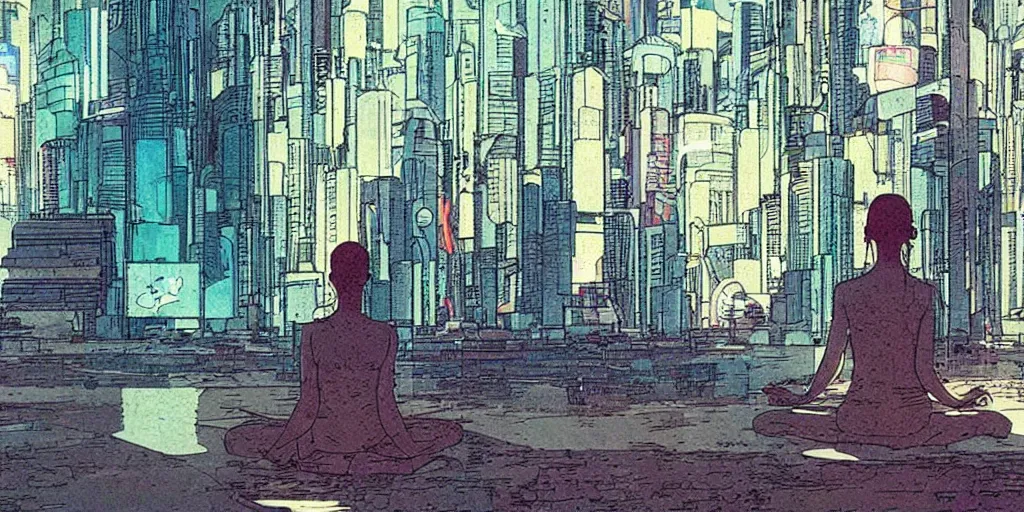 Prompt: a large crowd, blurred, in it in focus a girl, meditating, cyberpunk, by moebius,