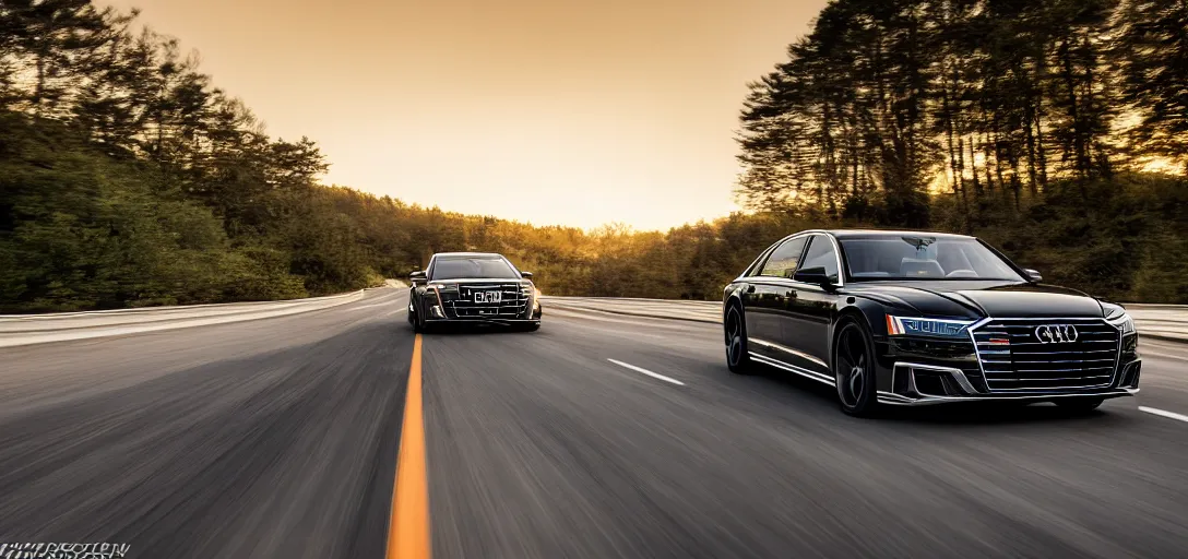 Image similar to black 2020 audi a8 racing on a road on a mountain at sunset, car photography, 4k professional photo