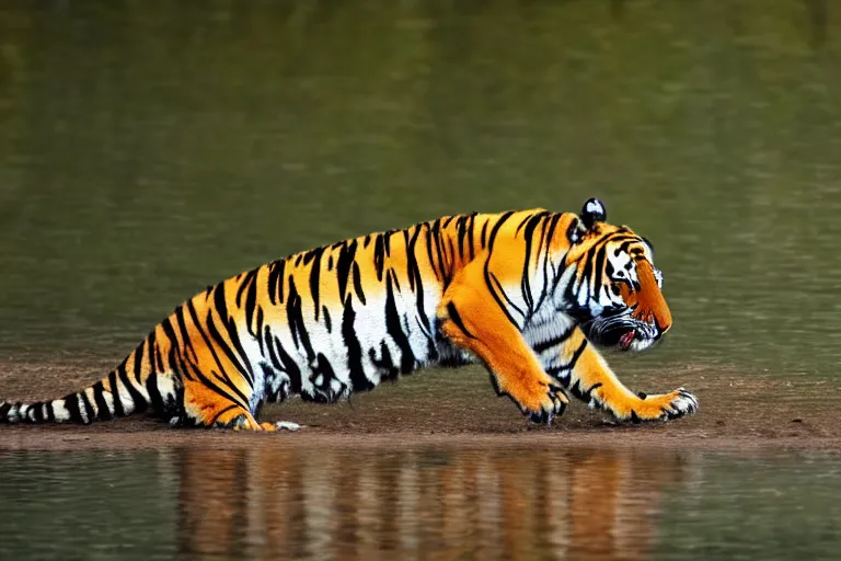 Image similar to a tiger alligator!!! hybrid! hyper realistic!! realistic lighting!! wildlife photographer of the year!!! bold natural colors, national geographic, hd, wide angle, 8 k