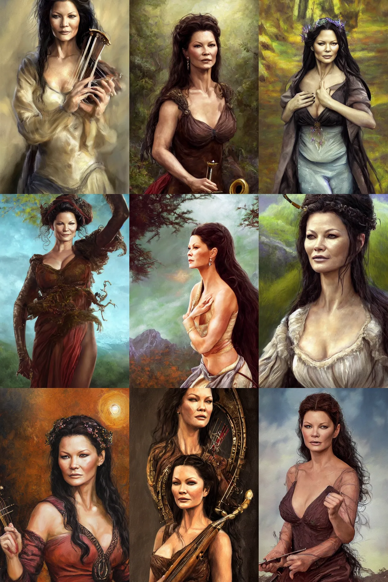 Prompt: a full body high detail fantasy portrait oil painting illustration of catherine zeta - jones as a beautiful young sophisticated singing bard woman by justin sweet with face and body clearly visible, in a scenic background, pupils visible, realistic proportions, d & d, rpg, forgotten realms, artstation trending, high quality, sombre mood, artstation trending, muted colours, entire person visible!