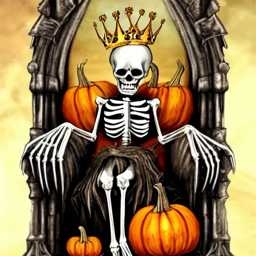 Image similar to a skeleton in a crown sitting on a chair surrounded by pumpkins, a storybook illustration by anne stokes, featured on deviantart, gothic art, behance hd, creepypasta, 2 d game art