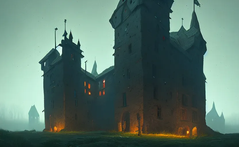 Prompt: an old medieval stronghold with moody and cinematic lighting by simon stalenhag, cinematic and atmospheric, concept art, artstation, trending on artstation