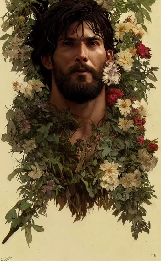 Image similar to god of the forest, 3 0 years old, rugged, handsome, male, detailed face, clean lines, atmospheric lighting, amazing, full body, thighs, flowers, muscular, intricate, highly detailed, digital painting, deviantart, concept art, sharp focus, illustration, art by greg rutkowski and alphonse mucha