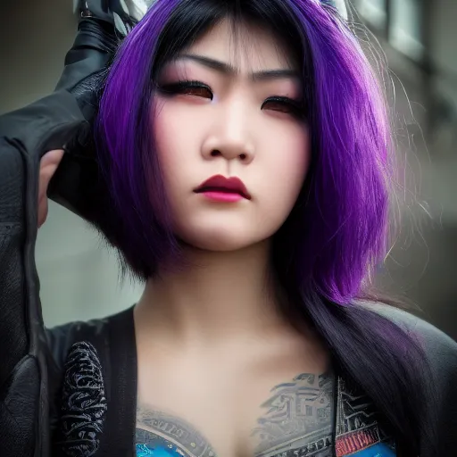 Image similar to Close up portrait of a young Asian Cyberpunk woman with dark purple hair, highly detailed, high quality, HD, 4K, 8K, Canon 300mm, professional photographer, 40mp, lifelike, top-rated, award winning, realistic, sharp, no blur, edited, corrected, trending