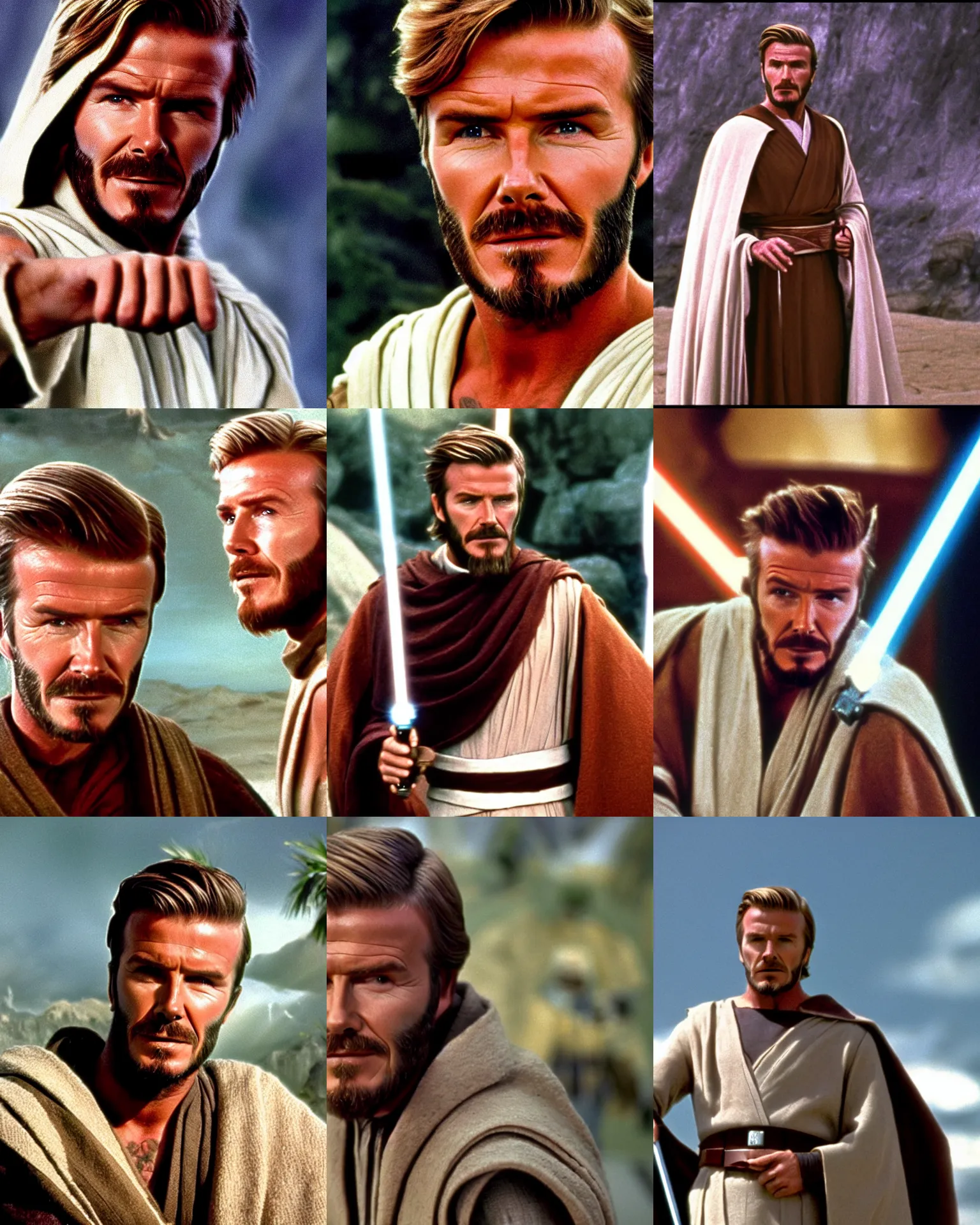 Prompt: David Beckham as Obi-Wan Kenobi in Star wars (1977) cinemascope and technicolor