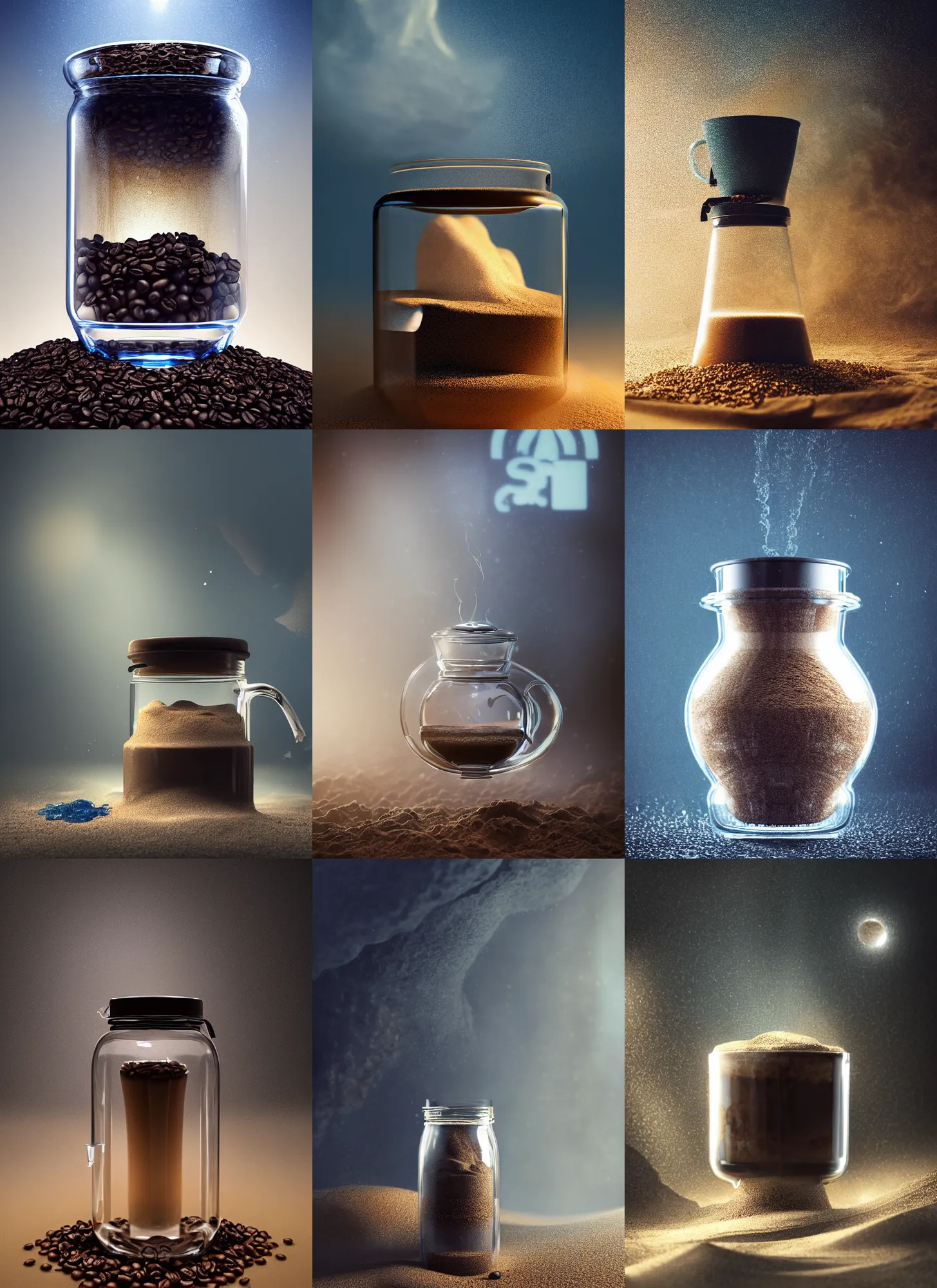 Prompt: coffee maker inside a a glass jar buried in sand, intricate detail, volumetric lighting, epic composition, coffee beans, hyper detailed, ultra realistic, sharp focus, octane render, blue moon, volumetric, ray tracing, artstation trending, cgsociety, sense of awe, swirling mist, 4 k