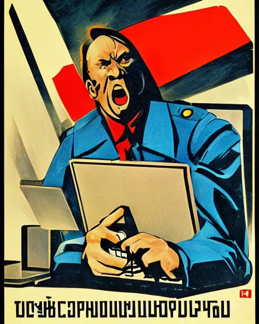 Image similar to soviet propaganda poster of an angry communist developer yelling at his computer