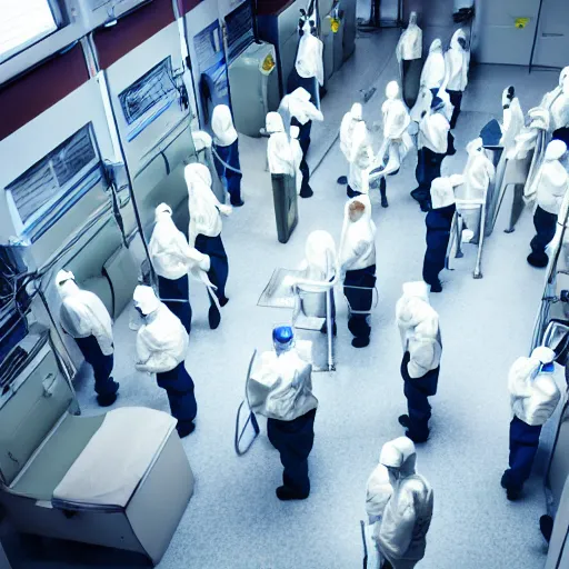 Prompt: underground lab, sterile, rows of humans on hospital beds, staff wearing hazmat suits, unknown location, photo taken from above, light and shadows, concept art