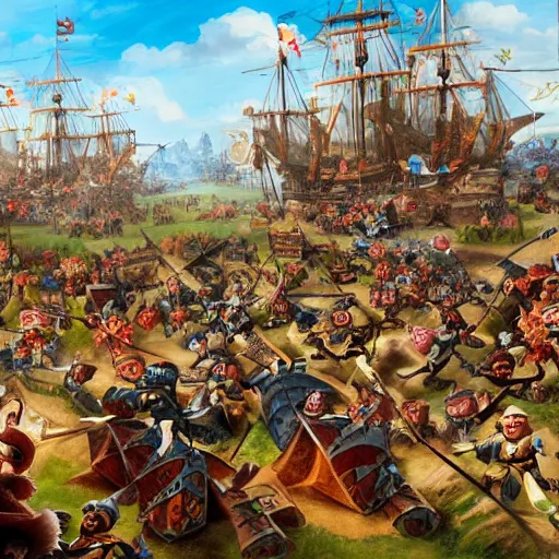 Image similar to muppet siege warfare, epic battle painting with extreme detail, very wide panorama