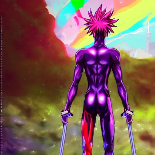 Image similar to hisoka wearing borat pants with a shiny chrome sword in his hand while standing on a rainy rooftop with girls in colorfull bikini ‘ s in the back, anime style, 4 k, high detail, 3 d cgi, futuristic, apocalyptic