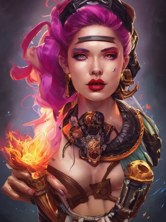 Prompt: a League of Legends FAN art portrait of Jinx The Loose Cannon,by tristan eaton,Stanely Artgerm,Greg Rutkowski,Tom Bagshaw,arthur adams,Carne Griffiths,trending on DeviantArt,street art,face enhance,chillwave,maximalist,full of color,glittering