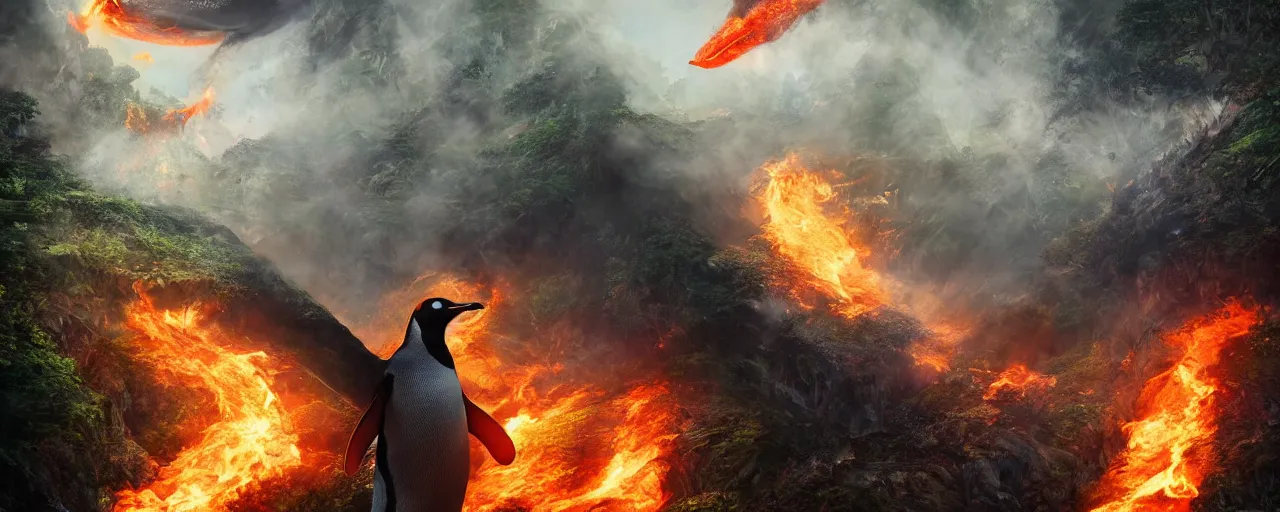 Image similar to a giant penguin breathing fire into a rainforest, large scale, breathtaking, mixed media, digital art, trending on artstation, 8k, epic composition, highly detailed, AAA graphics