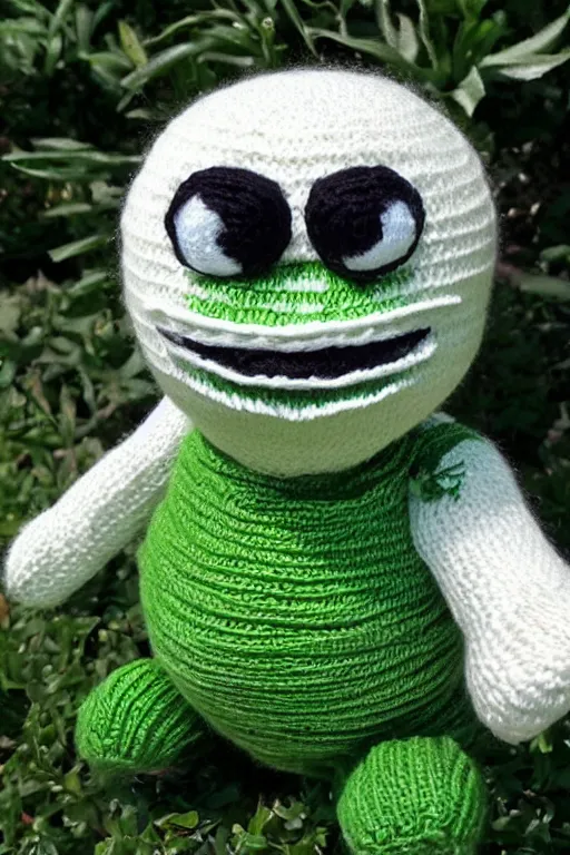 Image similar to Pepe the frog knitted from yarn