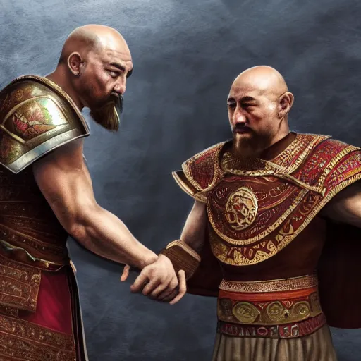 Prompt: Genghis Khan and Scipio Africanus having an arm wrestle, concept art, digital art, 8k photography, cinematic