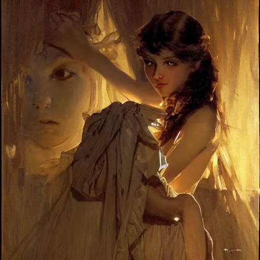 Prompt: a pair of glowing silver eyes shining in the darkness belonging to a mysterious young girl who's silhouette is hardly visible in the darkness. by jc leyendecker. gaston bussiere. makoto shinkai