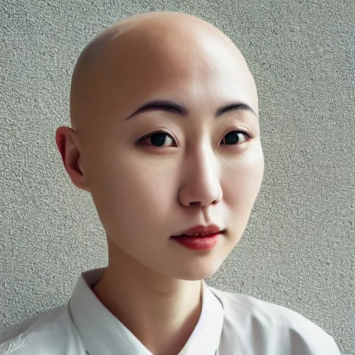 Image similar to photograph portrait bald korean japanese goddess of beauty neutral expression face straight on headshot even lighting no hair