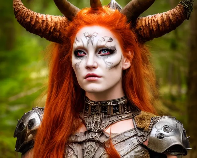 Image similar to 5 5 mm portrait photo of an armored gorgeous anesthetic redhead woman warrior with a face tattoo and horns growing from her head, in a magical forest. by luis royo and stephan kostic. highly detailed 8 k. intricate. lifelike. soft light. nikon d 8 5 0. cinematic post - processing