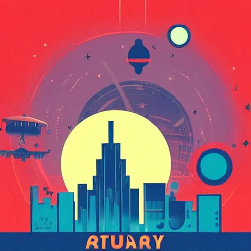 Prompt: “simple 1950s art deco style robot silhouette facing a futuristic city, planets and stars in the background, dramatic lighting, glowing highlights, blue palette, artist ruth ray and Isaac Asimov, retro poster”