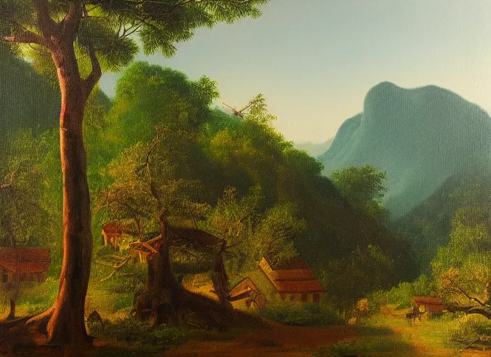 Prompt: the luscious forests of vietnam with little villages sprinked in them, in the style of hudson river school of art, oil on canvas