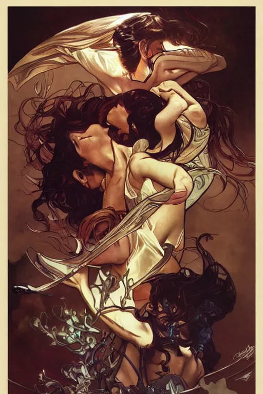 Prompt: the dayman fighting the nightman. art by artgerm and greg rutkowski and alphonse mucha and tomacz alen kopera.