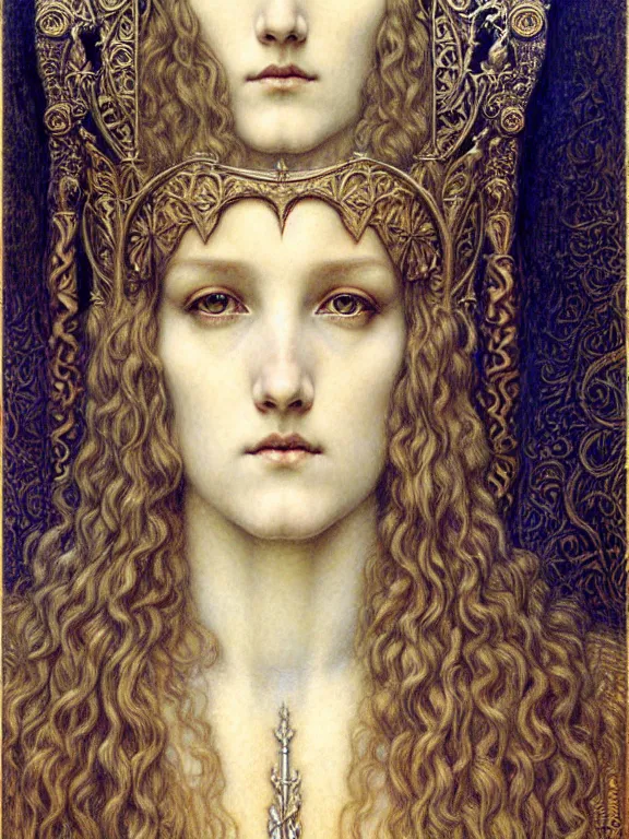 Image similar to detailed realistic beautiful young medieval queen face portrait by jean delville, gustave dore and marco mazzoni, art nouveau, symbolist, visionary, gothic, pre - raphaelite. horizontal symmetry