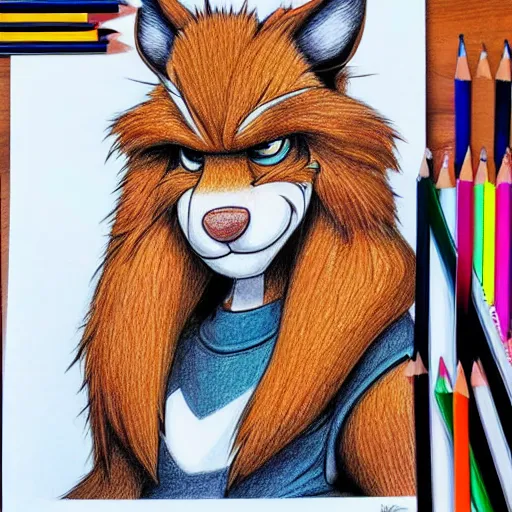 Image similar to colored Pencil drawing of cartoon furry character, highly detailed