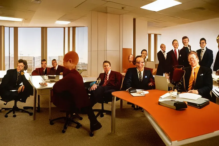 Image similar to Ronald McDonald sat at the desk of a corporate board meeting, surrounded by men in suits, award winning photograph, nikon, 24mm focal length, f/8, fuji velvia, business photography