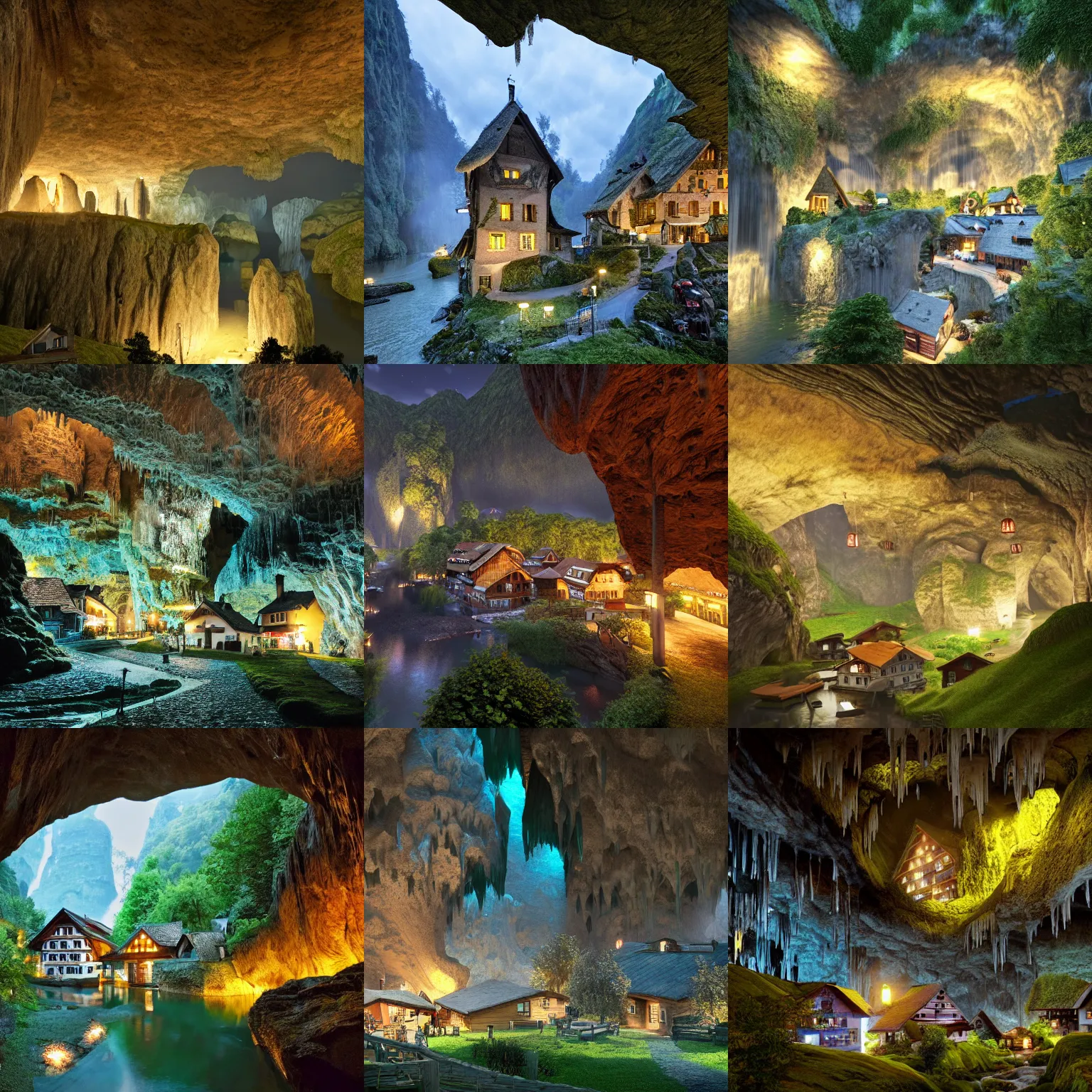 Prompt: a quaint swiss village at night with cottages, a river with sawmills, glowing lights and green park land, all inside an enormous cavern, cavern ceiling visible with large stalactites, unreal engine, by conrad martens