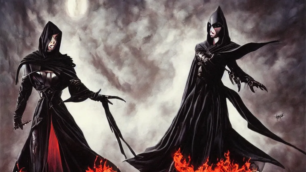 Prompt: dark sorceress on battlefield, black robe, evil eyes, long shot, jason edmiston