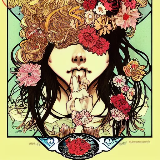 Prompt: anime manga skull portrait young woman hair floral by James Jean fairytale comic skeleton illustration style by Alphonse Mucha pop art nouveau