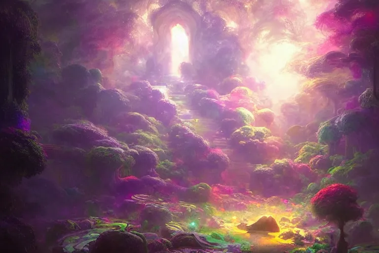 Image similar to a psychedelic realm hidden away in a pocket of ethereal understanding astral beings sharing love greg rutkowski wlop lisa frank bob ross ruan jia illustration