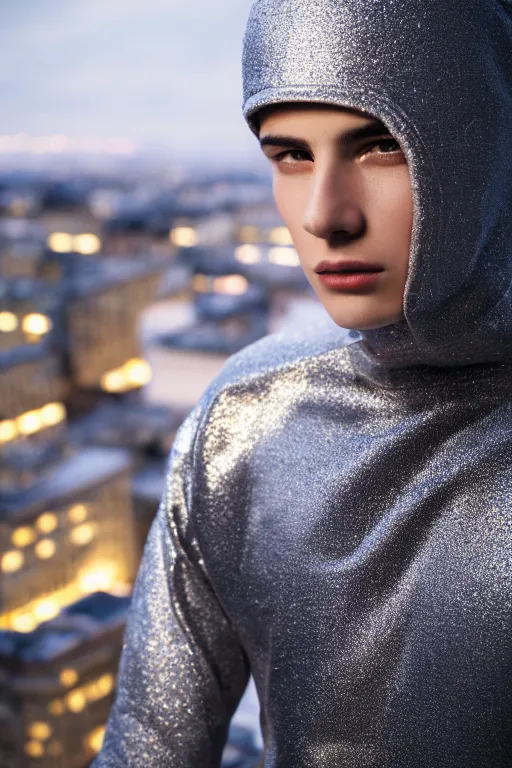 Image similar to un ultra high definition studio quality photographic art portrait of a young man standing on the rooftop of a british apartment building wearing soft padded silver pearlescent clothing. three point light. extremely detailed. golden ratio, ray tracing, volumetric light, shallow depth of field. set dressed.