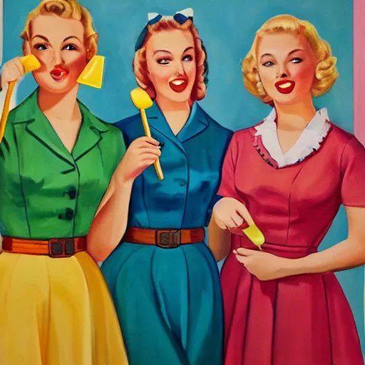 Prompt: a painting of two thin teens and one fat blonde teen dressed in 1 9 5 0's attire and eating yellow popsicles 8 k