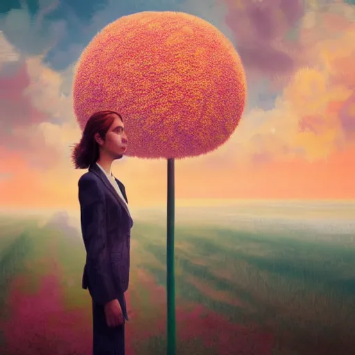 Image similar to giant daisy flower head, frontal, girl in a suit, surreal photography, sunrise, dramatic light, impressionist painting, digital painting, artstation, simon stalenhag