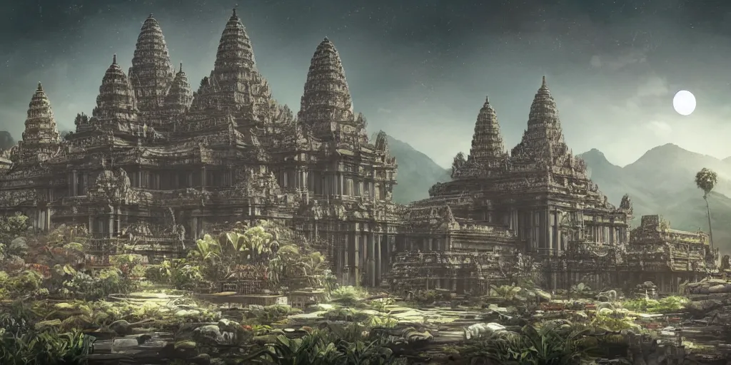 Prompt: a large kowloon khmer temple on the moon, filled with plants and habitats, hyper detailed, dieselpunk, technology, cinematic atmosphere, trending on artstation, cgsociety