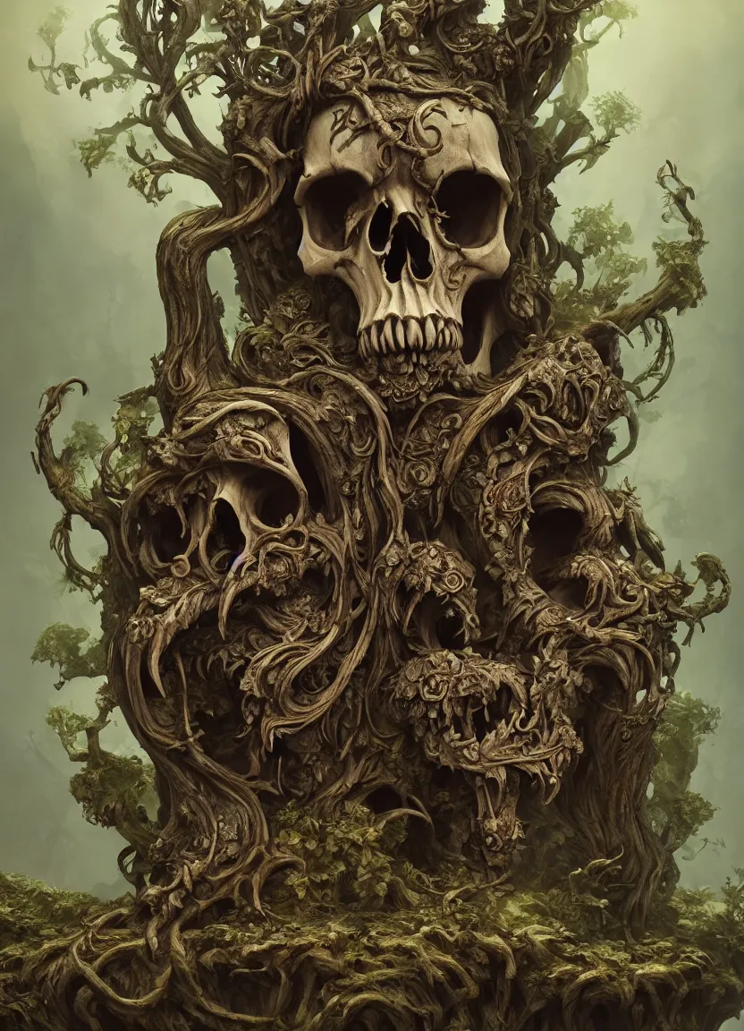 Image similar to ornate carved rat skull statue inside ancient forest, natural light, artwork by neil gaiman maria panfilova andrea savchenko mike kime ludovic plouffe qi shengluo oliver cook julian calle eddie mendoza, trending on artstation