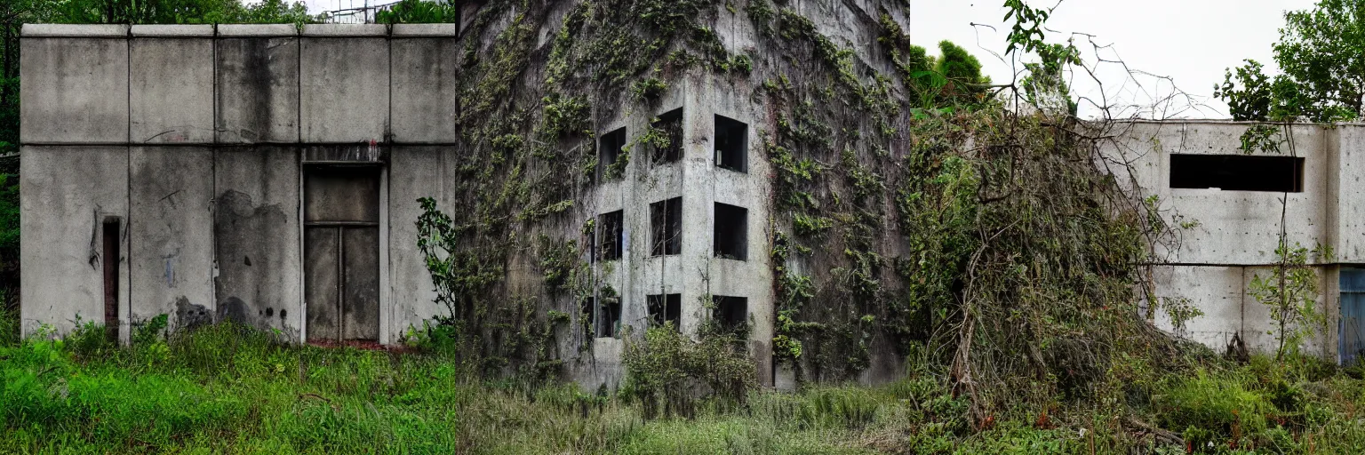 Prompt: Abandoned concrete building with plants and trees, overcast