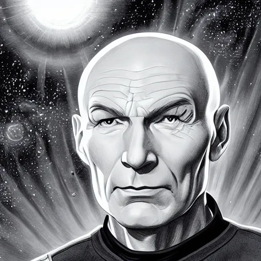 Prompt: Captain Picard pondering his Orb by Todd Lockwood