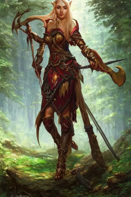 Prompt: beautiful oil painting of a blood elf archer in the forest by artgerm and greg rutkowski and thomas kinkade