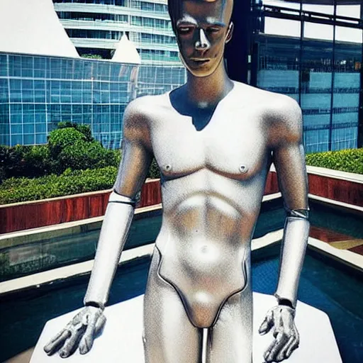 Image similar to “a realistic detailed photo of a guy who is an attractive humanoid who is half robot and half humanoid, who is a male android, actor Grant Gustin, shiny skin, posing like a statue, blank stare, by the pool, on display”