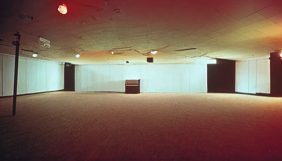 Image similar to 70s movie still of limonal empty space ballroom , cinestill 800t Technicolor, heavy grain, high quality, criterion collection