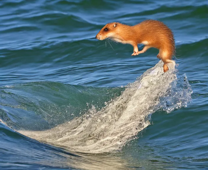 Prompt: 4 k hd, high detail photograph of weasel surfing a wave, shot with sigma f / 4. 2, 2 5 0 mm sharp lens, wide shot, consistent, volumetric lighting, high level texture render