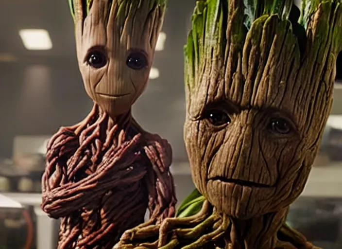 Image similar to film still of Groot working as a chocolatier in the new Avengers movie, 4k